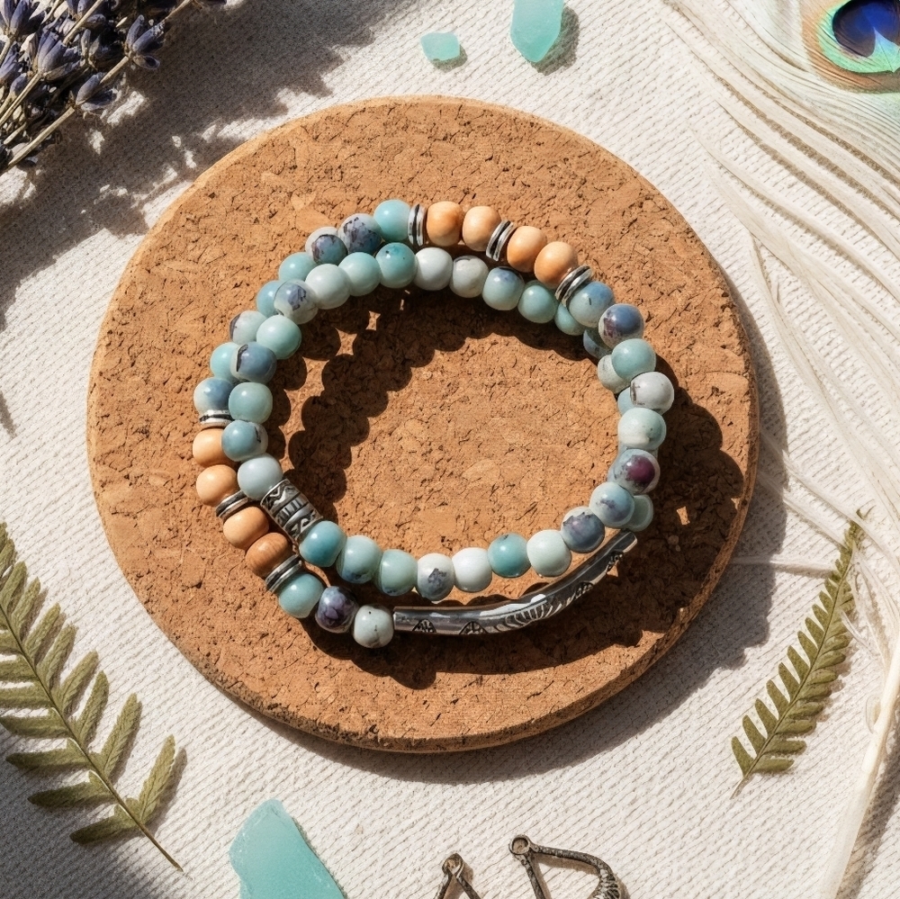 Earth Tone Boho Beaded Double Loop Stretch Bracelet Silver Plated Alloy Tube - Picture 11 of 13